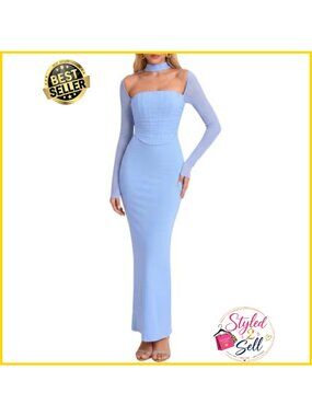 Long Sleeve Corset Halter Bodycon Maxi Dress Wedding Guest Formal